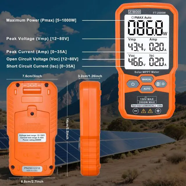 Alt view image 6 of 7 - FT-2000W Solar Panel Tester MPPT Meter - 2000W Max Power, 150V/35A PV Module Tester for Voc/Isc, Open Circuit Voltage & Short Circuit Current, with Backlight & Data Hold