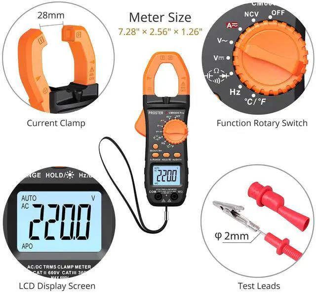 Alt view image 3 of 7 - 6000 Count Clamp Meter 800A Amp Tester TRMS NCV Multimeter Kit