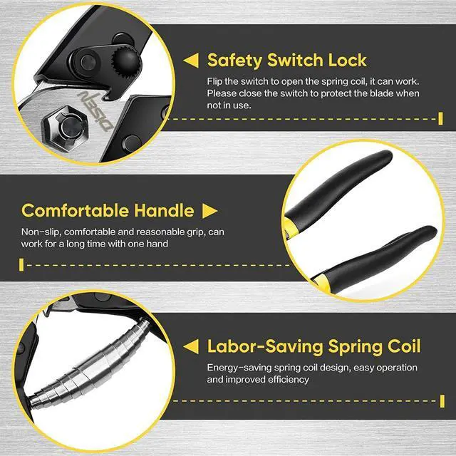 Alt view image 3 of 7 - Wire Cutters Heavy Duty Cutting Up to 3/16", Cable Cutters for Fence | Metal Cutters for Thick Wire, Chicken Coop, Safety Lock, Spring Loaded, Non-slip Matte Handle, Cr-V Steel, Yellow-Black 1