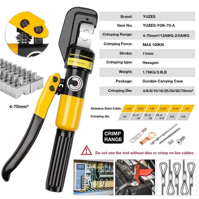 Alt view image 2 of 7 - 10-Ton Hydraulic Crimping Tool, 12 to 2/0 AWG Battery Cable Crimper | Clean, Even Hex Crimps, 9 Dies (12 AWG-2/0 AWG & 1/8") for Battery Cable Lugs, Cable Railing, Marine, RV and Solar Wiring