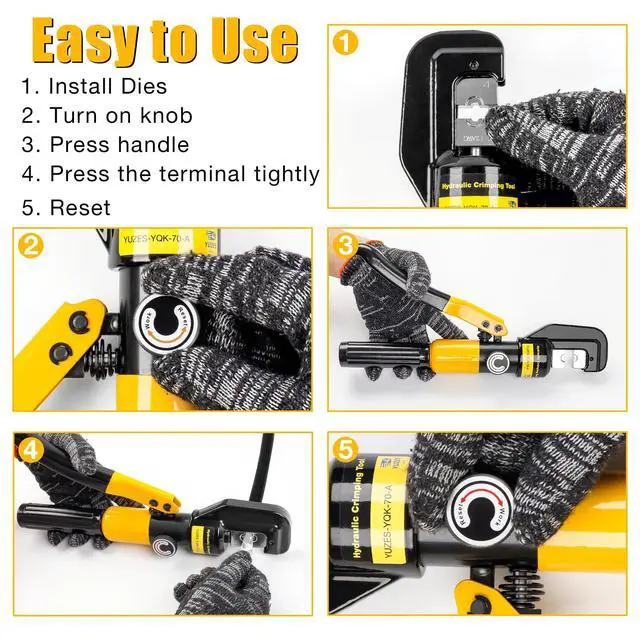 Alt view image 7 of 7 - 10-Ton Hydraulic Crimping Tool, 12 to 2/0 AWG Battery Cable Crimper | Clean, Even Hex Crimps, 9 Dies (12 AWG-2/0 AWG & 1/8") for Battery Cable Lugs, Cable Railing, Marine, RV and Solar Wiring