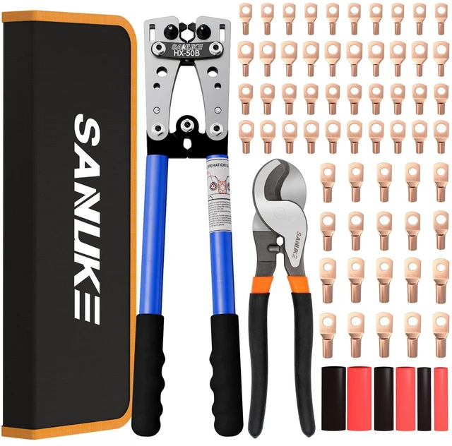 Main image of Battery Cable Crimper Tool AWG10-1/0, Wire Cutter, 60pcs Copper Lugs Electrical Battery Lug Crimping Tool for 10 8 6 4 2 1/0 AWG Wires, 60pcs Terminal Connectors & Heat Shrink Tubes, Black Bag