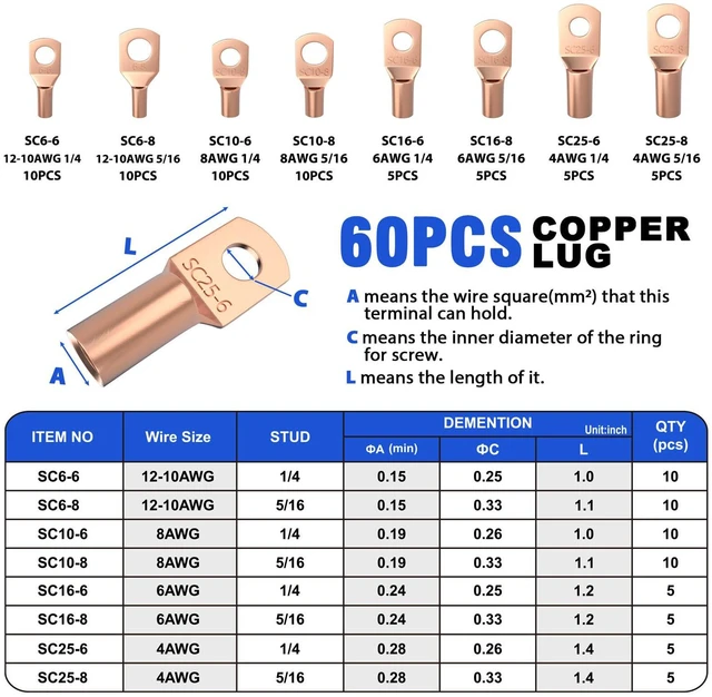 Alt view image 6 of 7 - Battery Cable Crimper Tool AWG10-1/0, Wire Cutter, 60pcs Copper Lugs Electrical Battery Lug Crimping Tool for 10 8 6 4 2 1/0 AWG Wires, 60pcs Terminal Connectors & Heat Shrink Tubes, Black Bag