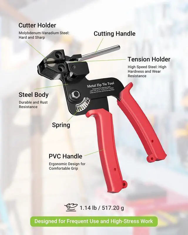 Alt view image 6 of 7 - Metal Zip Tie Tool, Stainless Steel Cable Tie Gun, Red | Heavy Duty Zip Tie Cutter, for Metal Zip Ties, Fasten and Cut, for Outdoor Chain Link Fence, Chicken Coop, Exhaust Repair