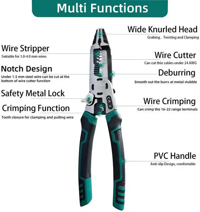 Alt view image 2 of 7 - 10-in-1 Wire Stripper Tool,Wire Strippers,Cable Cutters,CR-V Multifunctional Plier with Wire Stripper Crimper Side Cutter, Shearing,Screw Gripping Pliers for Electric Cable