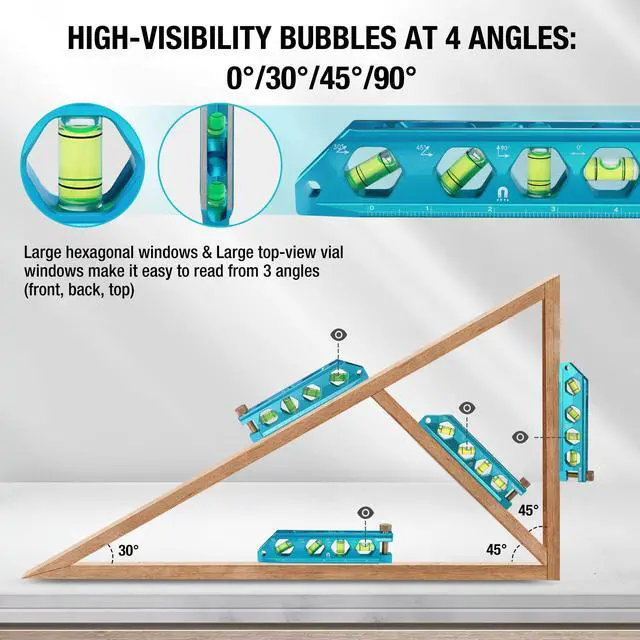 Alt view image 3 of 7 - 6.25-Inch Level, Magnetic Torpedo Level with 0°/30°/45°/90° Bubbles, V-Groove, Large Viewing Window, Aluminum Alloy Body, Hanging Hole, SAE and Metric Scale for DIY Projects and Household Use