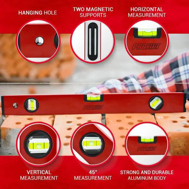 Alt view image 2 of 6 - 18 inch Level, Magnetic Level with 180° 90° 45° bubbles, Shock Resistant, Aluminum Body, Level Tool with Overhead Viewing for Comfortable read PRO-NV030