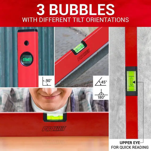 Alt view image 3 of 6 - 18 inch Level, Magnetic Level with 180° 90° 45° bubbles, Shock Resistant, Aluminum Body, Level Tool with Overhead Viewing for Comfortable read PRO-NV030