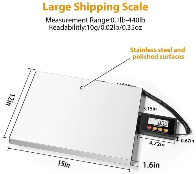 Alt view image 2 of 6 - Digital Postal Scale,440lb x 10g Accuracy Shipping Scale,Stainless Steel Platforms,Heavy Duty Scale with LCD/Hold/Tare Functions,Postage Scale for Packages,Luggage Scale,Battery&USB Included