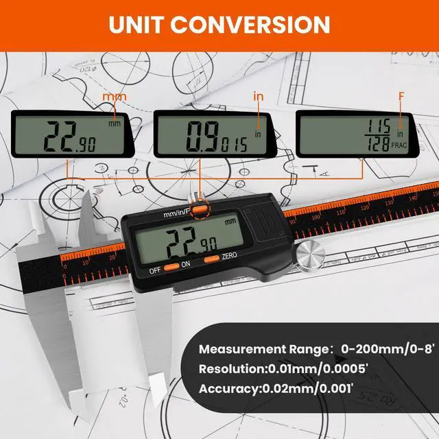 Alt view image 2 of 7 - Digital Caliper, 0-8 Inch Measuring Tool Large LCD Screen,Stainless Steel,Auto-Off,Inch/Fractions/Millimeter Waterproof Caliper Digital Micrometer for DIY/Household/3D Printing