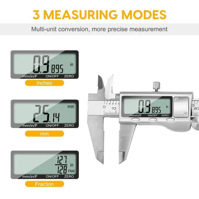 Alt view image 2 of 7 - Digital Caliper, 6 inch Stainless Steel Caliper Measuring Tool with Inch/Metric/Fractions Conversion and Large LCD Display, Perfect for DIY, Household and Professional Use