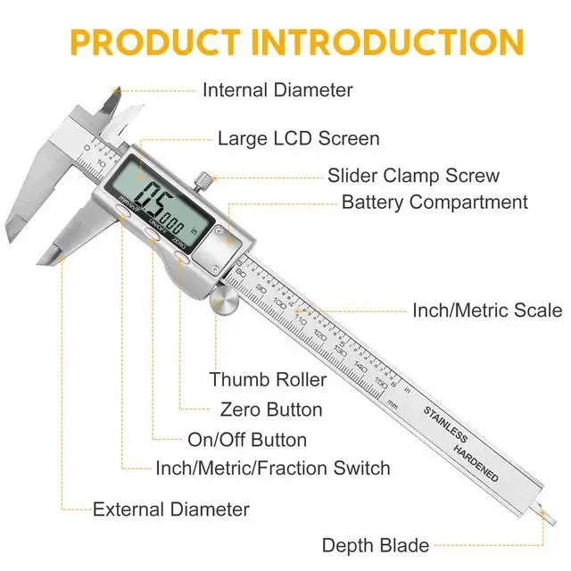 Alt view image 5 of 7 - Digital Caliper, 6 inch Stainless Steel Caliper Measuring Tool with Inch/Metric/Fractions Conversion and Large LCD Display, Perfect for DIY, Household and Professional Use