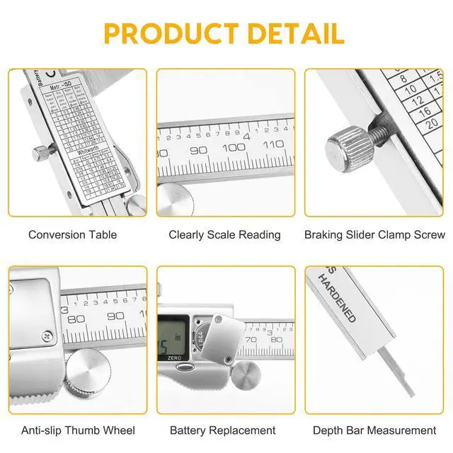 Alt view image 6 of 7 - Digital Caliper, 6 inch Stainless Steel Caliper Measuring Tool with Inch/Metric/Fractions Conversion and Large LCD Display, Perfect for DIY, Household and Professional Use