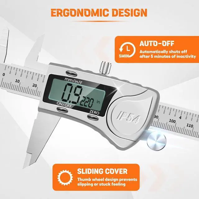 Alt view image 5 of 7 - Digital Caliper, IP54 Waterproof Caliper Measuring Tool with 3-Batteries & Extra Cover, All Stainless Steel Heavy-Duty Vernier Caliper Micrometer, Inch/MM/Fraction for DIY/3D-Printing
