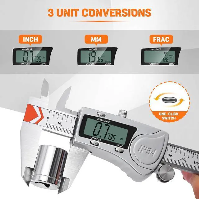 Alt view image 6 of 7 - Digital Caliper, IP54 Waterproof Caliper Measuring Tool with 3-Batteries & Extra Cover, All Stainless Steel Heavy-Duty Vernier Caliper Micrometer, Inch/MM/Fraction for DIY/3D-Printing