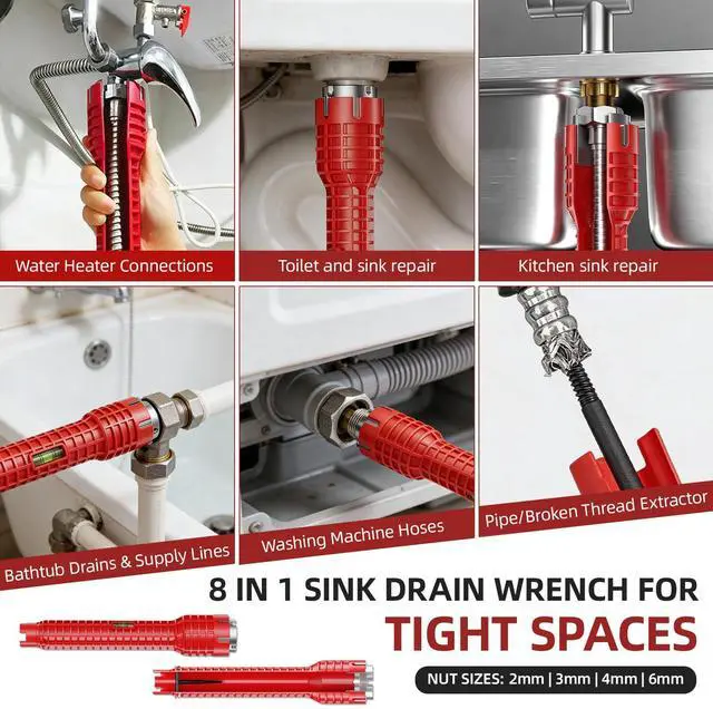 Alt view image 3 of 7 - 7PCS Plumbing Tool Sink Wrench for Tight Space, Basin Wrench w/ 8 in 1 Faucet Wrench, Four Jaw Hex Wrench,6-75mm Universal Plumber Wrench for Toilet/Bathroom/Kitchen Pipe Removal Installation