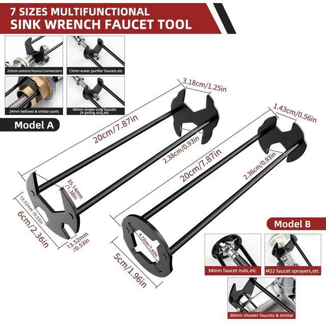 Alt view image 4 of 7 - 7PCS Plumbing Tool Sink Wrench for Tight Space, Basin Wrench w/ 8 in 1 Faucet Wrench, Four Jaw Hex Wrench,6-75mm Universal Plumber Wrench for Toilet/Bathroom/Kitchen Pipe Removal Installation