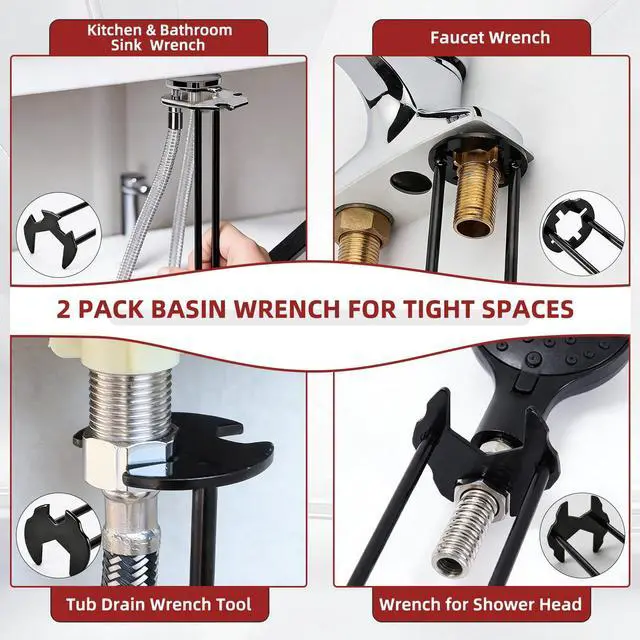 Alt view image 5 of 7 - 7PCS Plumbing Tool Sink Wrench for Tight Space, Basin Wrench w/ 8 in 1 Faucet Wrench, Four Jaw Hex Wrench,6-75mm Universal Plumber Wrench for Toilet/Bathroom/Kitchen Pipe Removal Installation