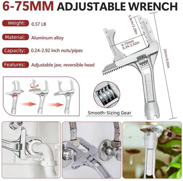 Alt view image 6 of 7 - 7PCS Plumbing Tool Sink Wrench for Tight Space, Basin Wrench w/ 8 in 1 Faucet Wrench, Four Jaw Hex Wrench,6-75mm Universal Plumber Wrench for Toilet/Bathroom/Kitchen Pipe Removal Installation