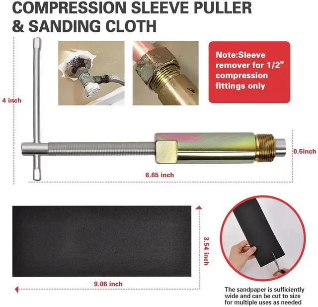 Alt view image 3 of 7 - 6 Pcs Plumbing Tools Kit with Angle Stop Wrench & 1/2-Inch Compression Sleeve Puller, Professional Plumbers Wrench, Sandpaper and Storage Bag for Frozen/Corroded Angle Stop