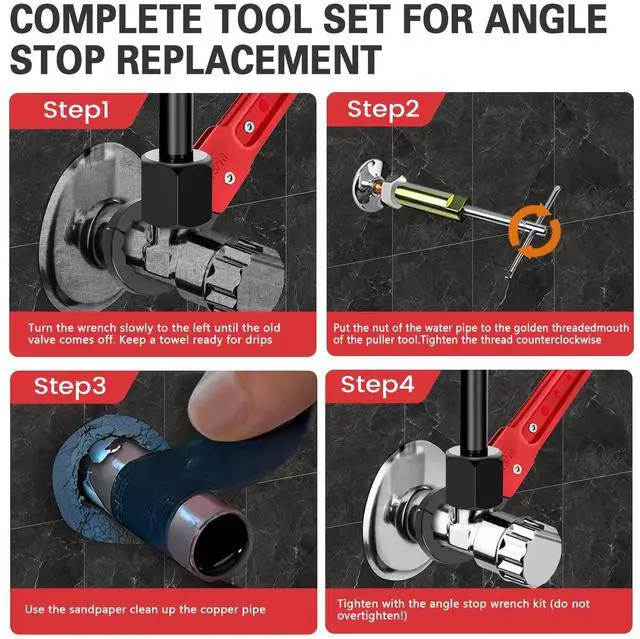 Alt view image 4 of 7 - 6 Pcs Plumbing Tools Kit with Angle Stop Wrench & 1/2-Inch Compression Sleeve Puller, Professional Plumbers Wrench, Sandpaper and Storage Bag for Frozen/Corroded Angle Stop