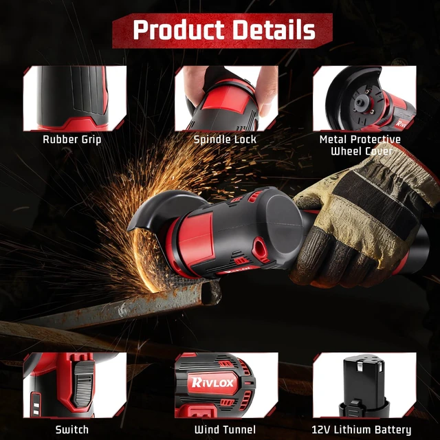 Alt view image 3 of 7 - Cordless Angle Grinder Kit, 3-inch Mini Angle Grinder Tool | with 2Pcs 12V 1500mAh Batteries & Charger and 5Pcs Cutting Discs, Handheld Metal Grinders for Cutting Metal Wood