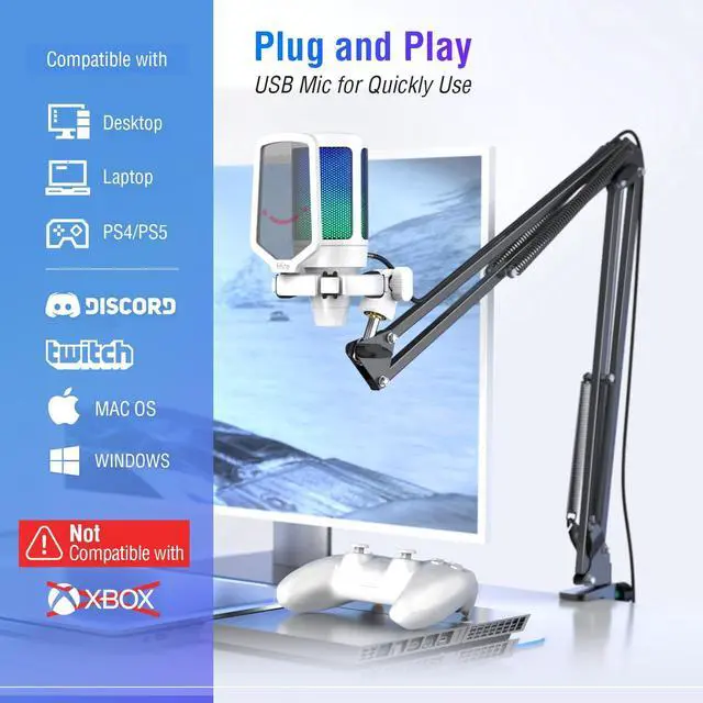 Alt view image 5 of 7 - Streaming Gaming USB Microphone Kit, PC Condenser RGB Mic Compatible with PS4/PS5, Plug and Play for Music Recording, Online Game, Discord, Twitch, with Pop Filter, Shock Mount-A6T White