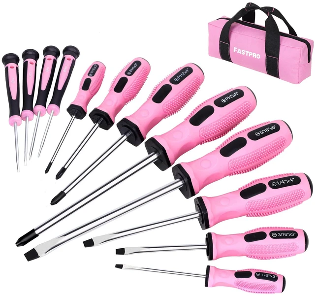 Main image of 12-Piece Pink Magnetic Screwdrivers Set with Storage Bag | 4 Phillips & 4 Slotted Tips, 4 Precision Screwdrivers, CR-V Steel, Ergonomic Handles, Home Repair Tool Kit for Women