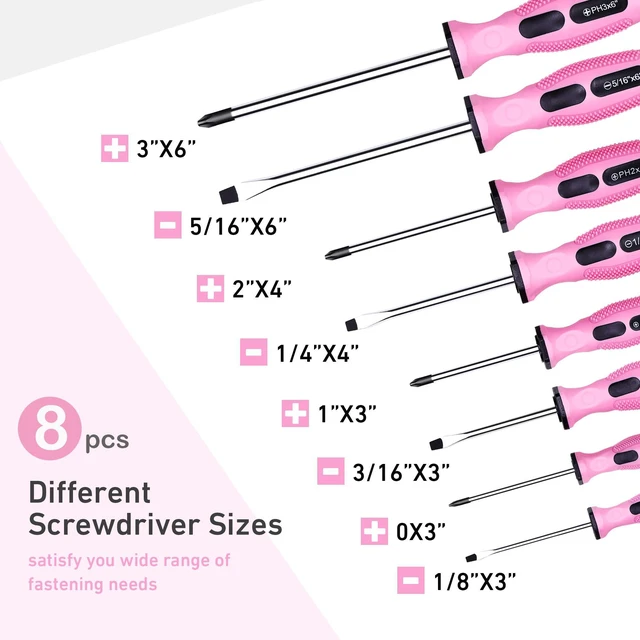 Alt view image 2 of 7 - 12-Piece Pink Magnetic Screwdrivers Set with Storage Bag | 4 Phillips & 4 Slotted Tips, 4 Precision Screwdrivers, CR-V Steel, Ergonomic Handles, Home Repair Tool Kit for Women