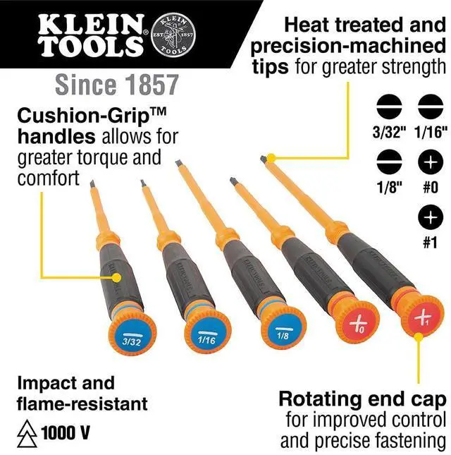 Alt view image 2 of 7 - 85615INS Mini Precision Screwdriver Set, 1000V Rated Insulated Screwdrivers with (2) Phillips and (3) Slotted Tips, 5-Piece