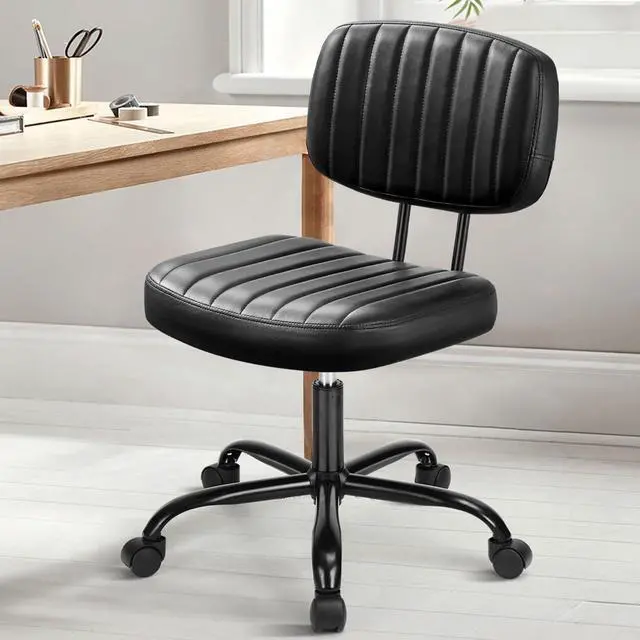 Main image of Home Office Chair, Ergonomic Computer Desk Chair, Lumbar Support Armless Height Adjustable, PU Leather, 360 Swivel Wheels, Small Space, Adults, New Black