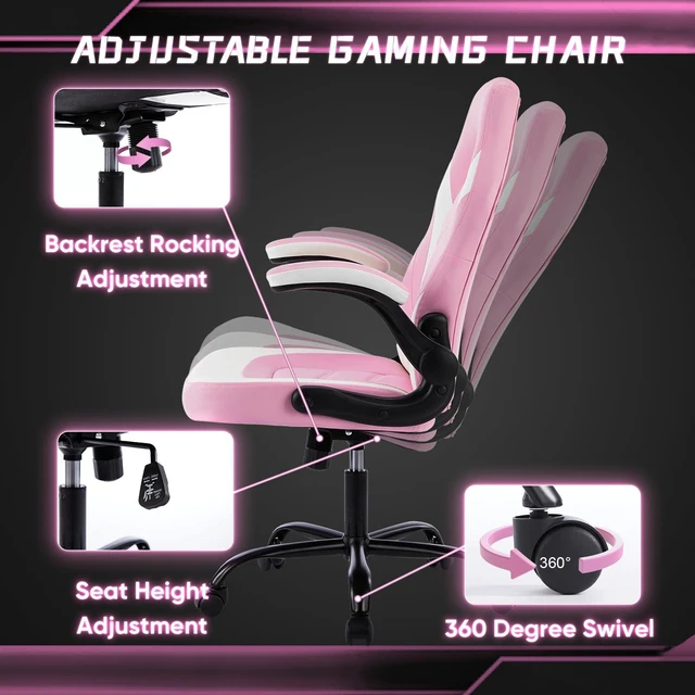 Alt view image 3 of 4 - Gaming Ergonomic Office Chair for Adults, Height Adjustable Computer Desk Chair with Flip-up Armrests, PU Leather Swivel Video Game Chair with 360° Rolling Wheels, Pink