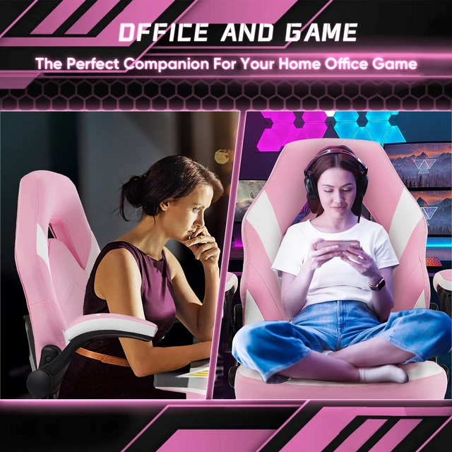 Alt view image 4 of 4 - Gaming Ergonomic Office Chair for Adults, Height Adjustable Computer Desk Chair with Flip-up Armrests, PU Leather Swivel Video Game Chair with 360° Rolling Wheels, Pink