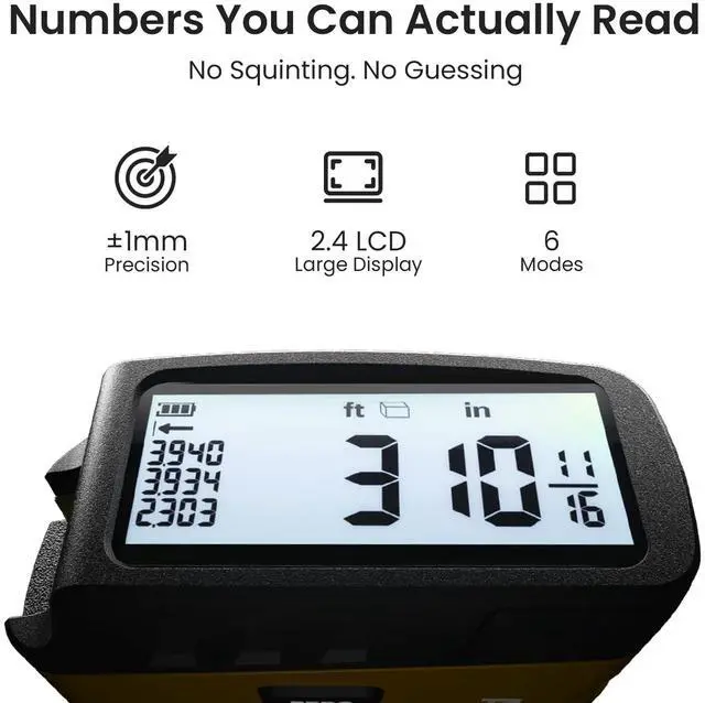 Alt view image 2 of 7 - Digital Tape Measure 16 Ft - 6 Metric and Imperial Units, Easy Read Digital Measuring Tape Retractable with Fractions 1/16, Rechargeable Measurement Tool, for Distance/Area/Volume, Yellow