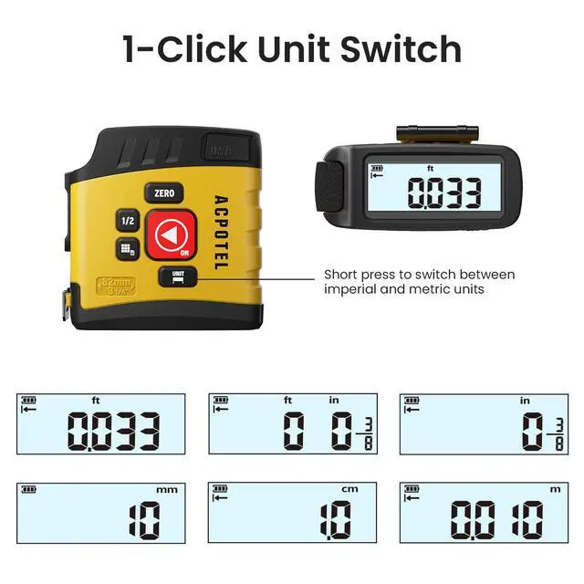 Alt view image 4 of 7 - Digital Tape Measure 16 Ft - 6 Metric and Imperial Units, Easy Read Digital Measuring Tape Retractable with Fractions 1/16, Rechargeable Measurement Tool, for Distance/Area/Volume, Yellow