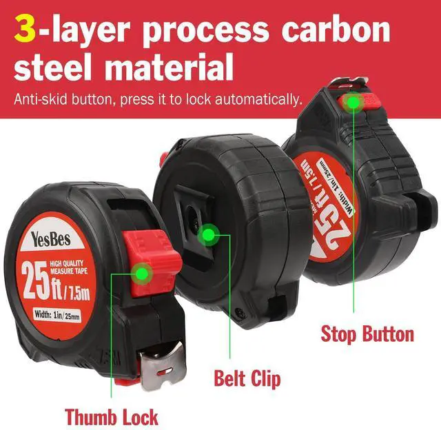 Alt view image 5 of 7 - Tape Measure 25 ft, 5 Pack Bulk Easy Read Measurement Tape, Self-Locking Measuring Tape Retractable 1-Inch Wide x 25 ft