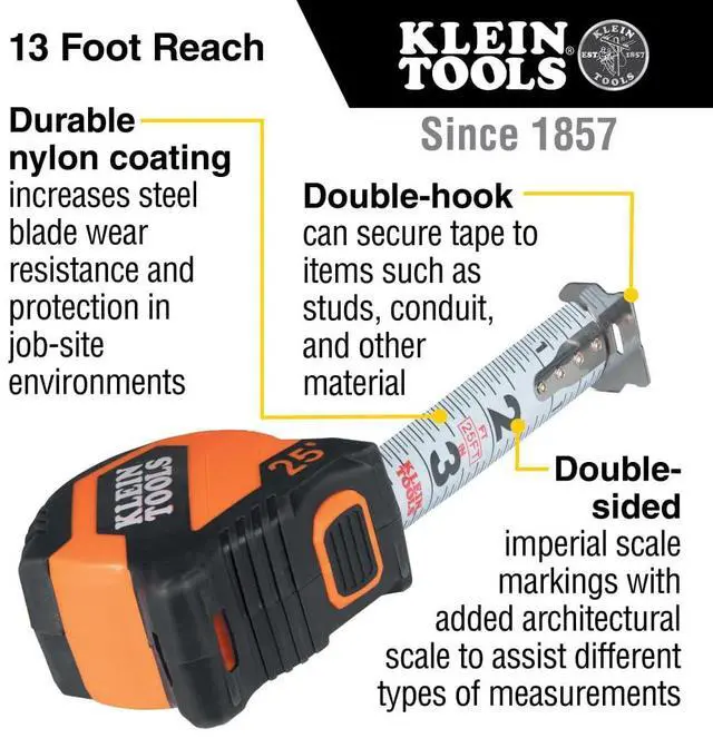 Alt view image 2 of 7 - 9525 Tape Measure, 25-Foot Compact Double-Hook Imperial Measuring Tape with Finger Brake, Nylon Blade, Easy to Read Bold Lines