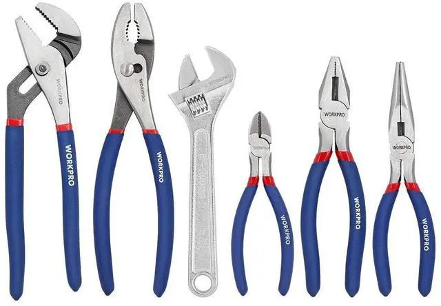 Main image of Large Pliers & Wrench Set 6-Piece (10" Water Pump, 10" Slip Joint, 8" Long Nose, 8" Linesman, 6" Diagonal, 8" Adjustable Wrench) for DIY & Home Use, W001329A