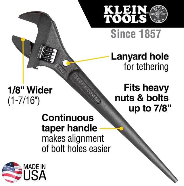 Alt view image 2 of 7 - 3227 Extra Wide Adjustable Wrench, Made in USA, Construction Spud Wrench for Up to 1-7/16-Inch Nuts and Bolts, 10-Inch, with Tether Hole