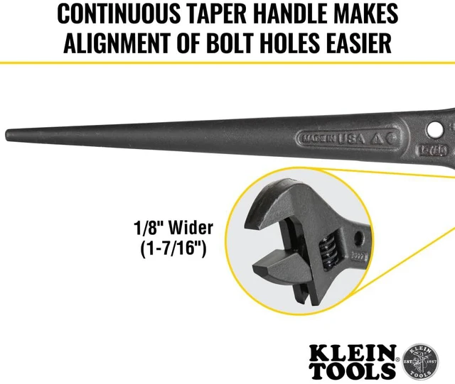 Alt view image 3 of 7 - 3227 Extra Wide Adjustable Wrench, Made in USA, Construction Spud Wrench for Up to 1-7/16-Inch Nuts and Bolts, 10-Inch, with Tether Hole