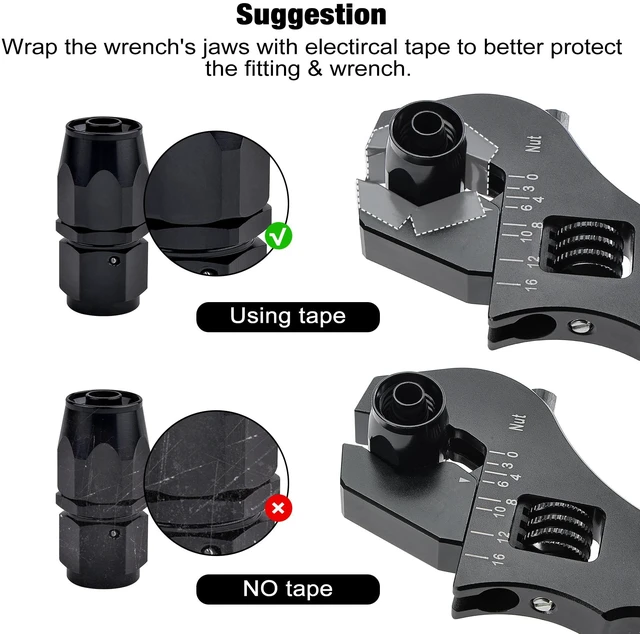 Alt view image 5 of 6 - Adjustable AN Fitting Wrench 3AN-16AN, 6061-T6 Aluminum, Black For Fuel and Oil Line Hose Fittings and Adapters, Lightweight Design, Non-Slip Handle, Compact 7.2-Inch Length