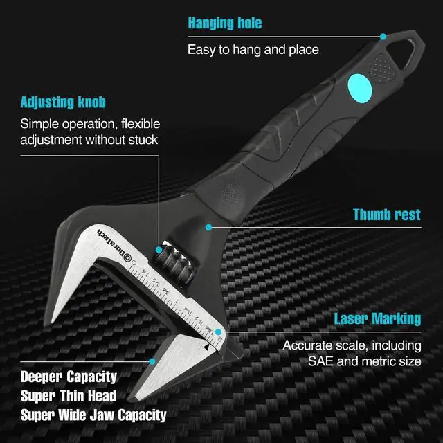 Alt view image 3 of 7 - 10-Inch Wide Jaw Adjustable Wrench | Black Oxide Finish Plumbing Wrench, CR-V Steel, SAE and Metric Scale Marked, Ergonomic Grip