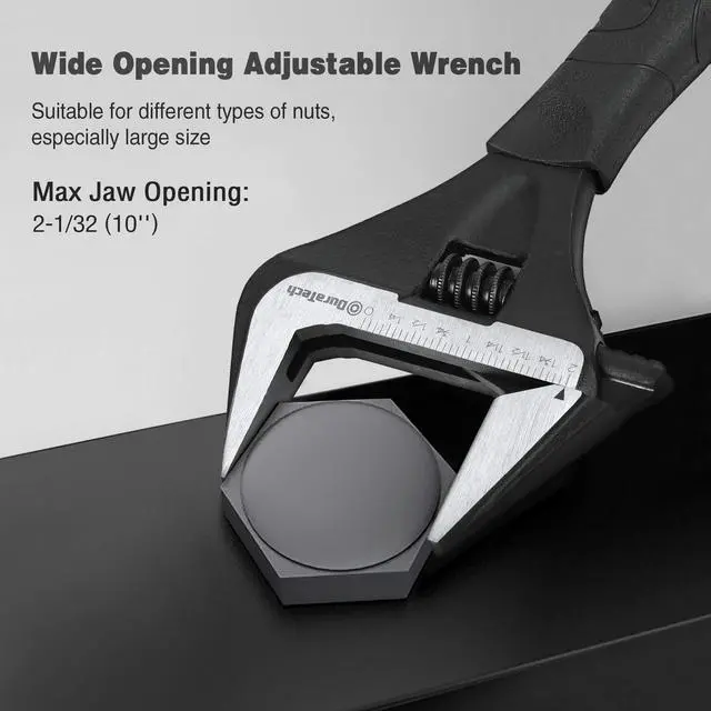 Alt view image 4 of 7 - 10-Inch Wide Jaw Adjustable Wrench | Black Oxide Finish Plumbing Wrench, CR-V Steel, SAE and Metric Scale Marked, Ergonomic Grip