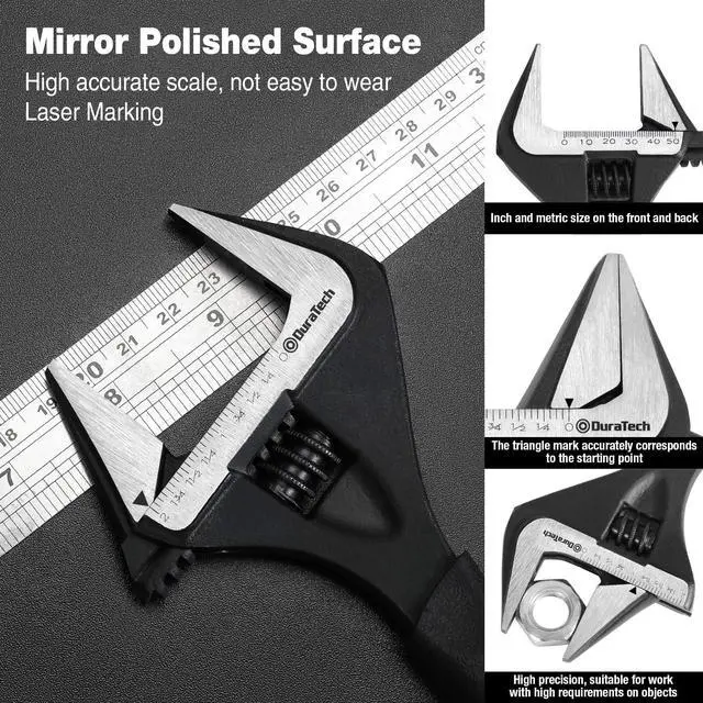 Alt view image 5 of 7 - 10-Inch Wide Jaw Adjustable Wrench | Black Oxide Finish Plumbing Wrench, CR-V Steel, SAE and Metric Scale Marked, Ergonomic Grip