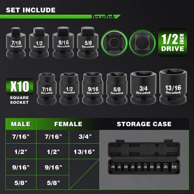 Alt view image 2 of 7 - 1/2" Drive Pipe Plug Socket Set, Square Drive Socket, 10-Piece, SAE, 4 Point Sockets, CR-MO, Tapered Male Square 7/16'' - 5/8'', Chamfered Female Square 7/16'' - 13/16''