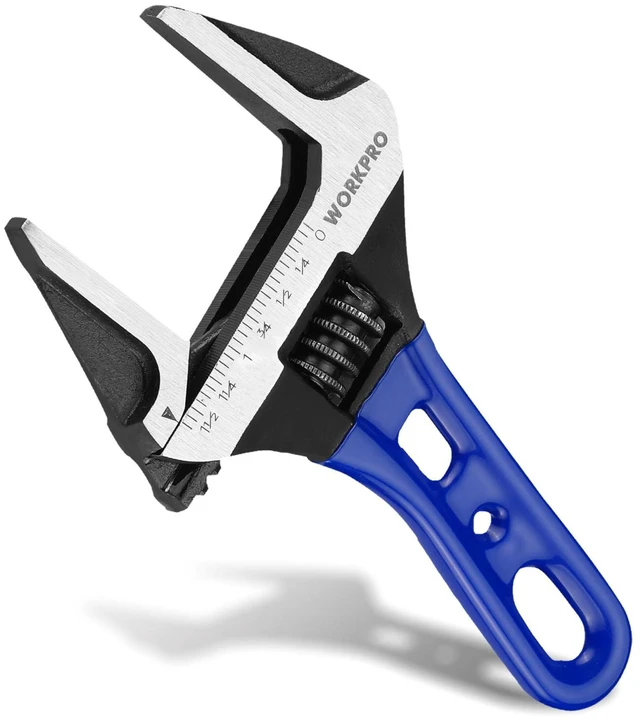 Main image of 6-Inch Stubby Adjustable Wrench, 1.5-Inch Extra Wide Jaw Opening Metric/SAE Scales, Cr-V Steel, Ideal for Confined Spaces