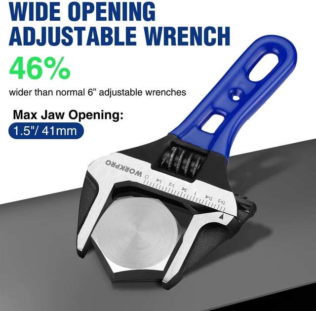 Alt view image 2 of 7 - 6-Inch Stubby Adjustable Wrench, 1.5-Inch Extra Wide Jaw Opening Metric/SAE Scales, Cr-V Steel, Ideal for Confined Spaces