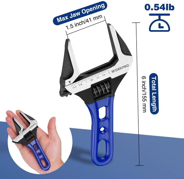 Alt view image 3 of 7 - 6-Inch Stubby Adjustable Wrench, 1.5-Inch Extra Wide Jaw Opening Metric/SAE Scales, Cr-V Steel, Ideal for Confined Spaces