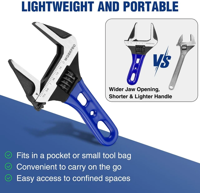 Alt view image 4 of 7 - 6-Inch Stubby Adjustable Wrench, 1.5-Inch Extra Wide Jaw Opening Metric/SAE Scales, Cr-V Steel, Ideal for Confined Spaces
