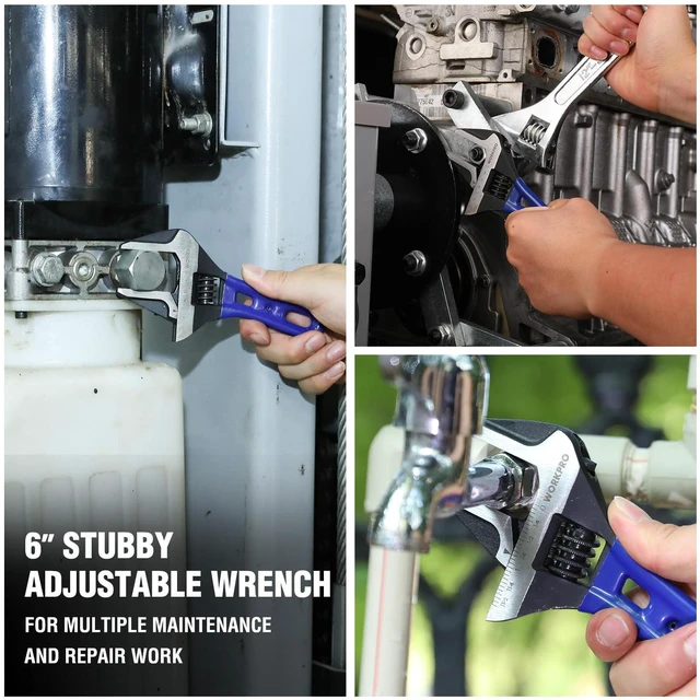 Alt view image 7 of 7 - 6-Inch Stubby Adjustable Wrench, 1.5-Inch Extra Wide Jaw Opening Metric/SAE Scales, Cr-V Steel, Ideal for Confined Spaces